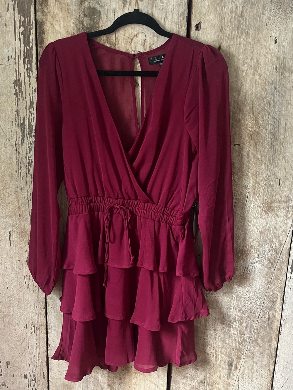 Trixxi Long-Sleeve Tiered Wrap Dress in Wine 👗 🍷